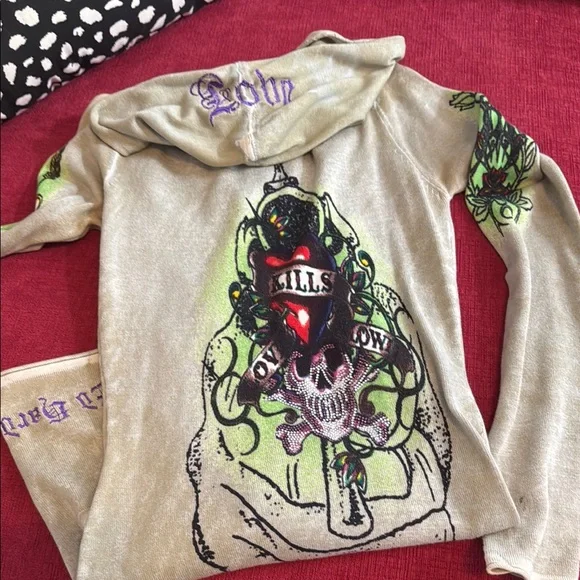 Distressed Extra long Ed Hardy Hooded Zip-up - Picture 4 of 14